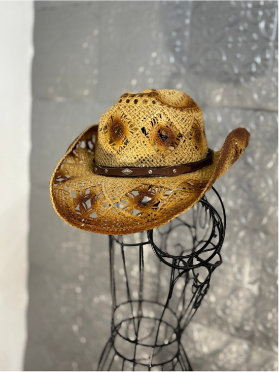Boutique Accessories - WOMENS Natural STRAW hat leather strap Western Cowboy rodeo country festival